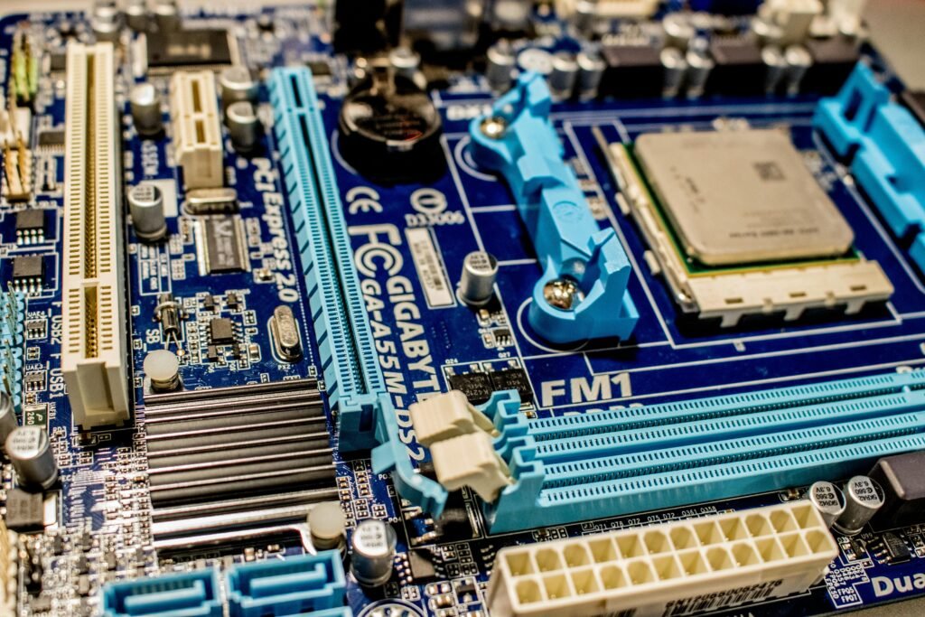 Detailed close-up image of a computer motherboard showcasing various electronic components.